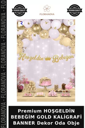 Premium HOŞGELDİN BEBEĞİM GOLD KALİGRAFİ BANNER Dekor Oda Obje