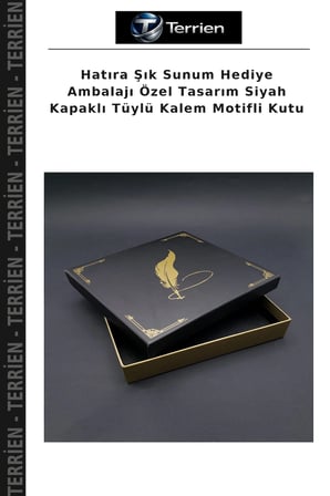 Hatıra Şık Sunum Hediye Ambalajı Özel Tasarım Siyah Kapaklı Tüylü Kalem Motifli Kutu