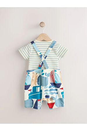 %100 Pamuklu Mavi Deniz Temalı Salopet Body Zıbın Set