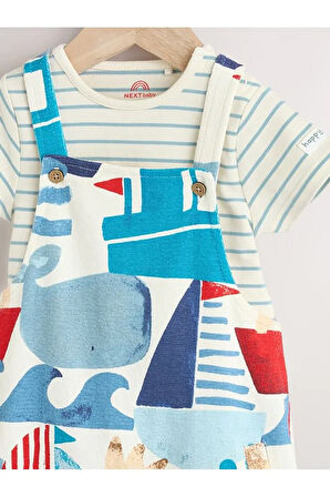 %100 Pamuklu Mavi Deniz Temalı Salopet Body Zıbın Set