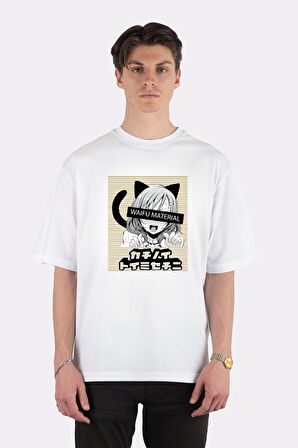 Unisex Beyaz Oversize T-shirt Ahegao Lewd Anime Face And Neko Girl Cosplay Joke Gift