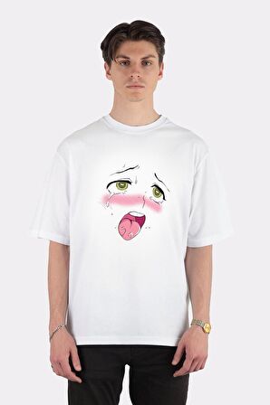 Unisex Beyaz Oversize T-shirt Ahegao