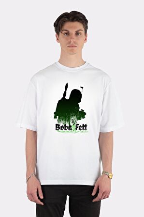 Unisex Beyaz Oversize T-shirt Boba Fett Silhouette