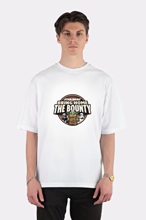 Unisex Beyaz Oversize T-shirt Bring Home The Bounty Grogu Logo
