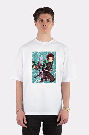 Unisex Beyaz Oversize T-shirt Demon Slayer - Tanjiro Kamado