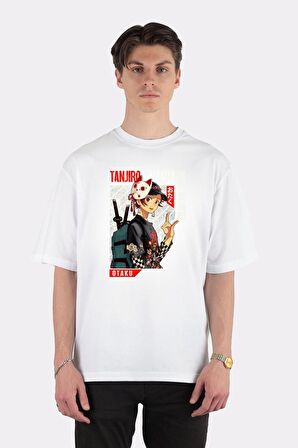 Unisex Beyaz Oversize T-shirt Demon Slayer, Tanjiro Kamado, Anime Art