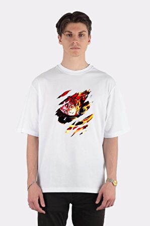 Unisex Beyaz Oversize T-shirt Demon Slayer