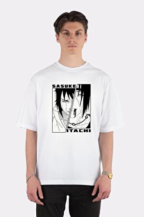 Unisex Beyaz Oversize T-shirt Itachi And Sasuke Minimalist V2