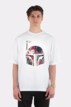 Unisex Beyaz Oversize T-shirt Floral Boba Fett Helmet