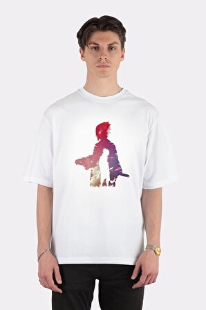 Unisex Beyaz Oversize T-shirt Sasuke Sunset