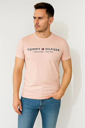 TOMMYHILFIGER EST BASKILI BİSİKLET YAKA PAMUK PENYE TSHİRT PUDRA PEMBE