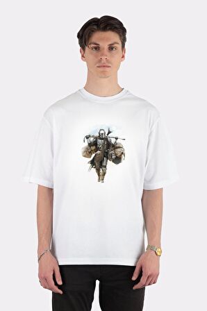 Unisex Beyaz Oversize T-shirt The Mandalorian Walking Mando