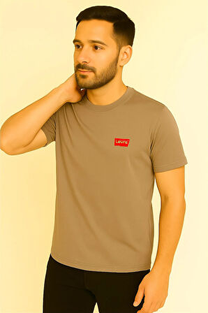 BİSİKLET YAKA PAMUK PENYE NAKIŞLI TSHİRT KAHVERENGİ