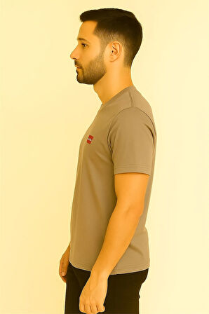 BİSİKLET YAKA PAMUK PENYE NAKIŞLI TSHİRT KAHVERENGİ