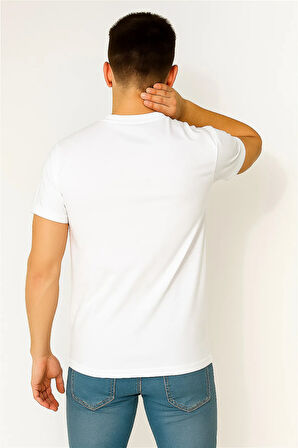 BİSİKLET YAKA PAMUK PENYE NAKIŞLI TSHİRT BEYAZ