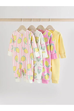 %100 Pamuklu Pembe Limon Desenli Ayaksız 4'lü Tulum Set