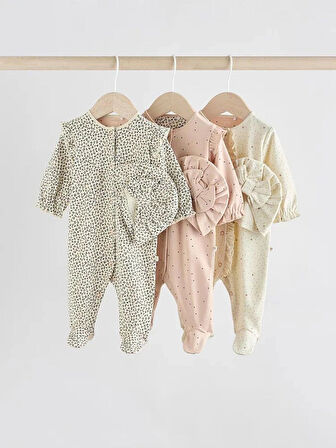 Next Baby Pamuklu Leopar Desenli Şapkalı 3'lü Tulum Set