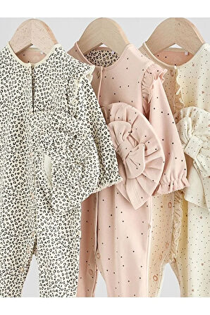 %100 Pamuklu Krem Kahve Animal Desenli Şapkalı 3'lü Tulum Set