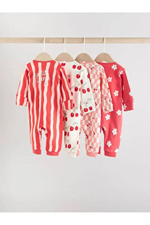 100% Pamuklu Kiraz Desenli Ayaksız 4'lü Tulum Set