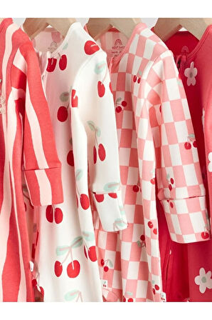 100% Pamuklu Kiraz Desenli Ayaksız 4'lü Tulum Set