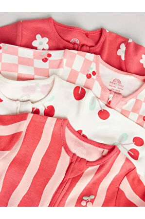 100% Pamuklu Kiraz Desenli Ayaksız 4'lü Tulum Set