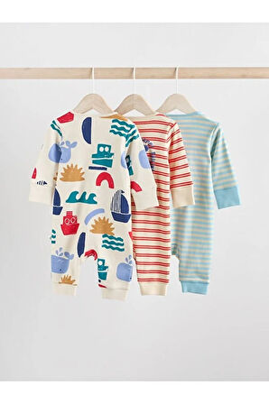 %100 Pamuklu Krem Mavi Baskılı 3'lü Tulum Set