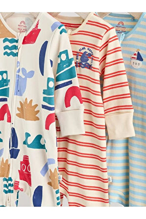 %100 Pamuklu Krem Mavi Baskılı 3'lü Tulum Set