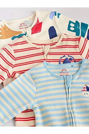 %100 Pamuklu Krem Mavi Baskılı 3'lü Tulum Set