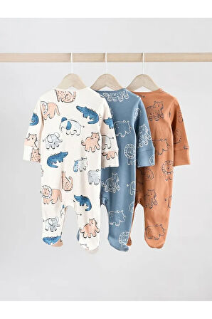 %100 Pamuklu Mavi Animal Desenli 3'lü Tulum Set