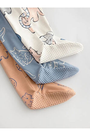 %100 Pamuklu Mavi Animal Desenli 3'lü Tulum Set