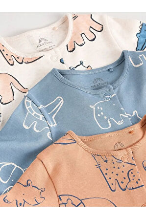 %100 Pamuklu Mavi Animal Desenli 3'lü Tulum Set