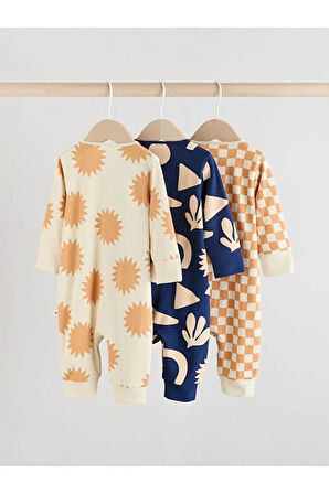 %100 Pamuklu Krem Lacivert Baskılı 3'lü Tulum Set