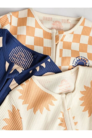 %100 Pamuklu Krem Lacivert Baskılı 3'lü Tulum Set