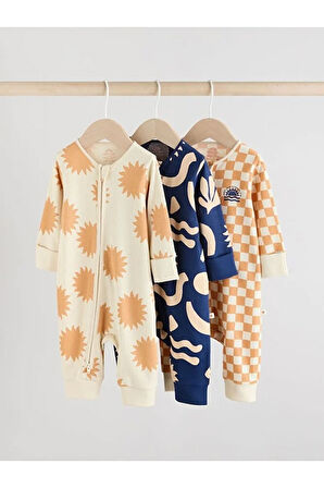 %100 Pamuklu Krem Lacivert Baskılı 3'lü Tulum Set