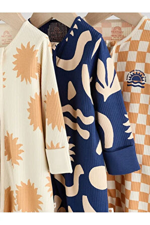 %100 Pamuklu Krem Lacivert Baskılı 3'lü Tulum Set