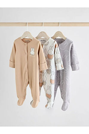 % 100 Pamuklu Premium Krem Tavşan Desenli 3'lü Tulum Set