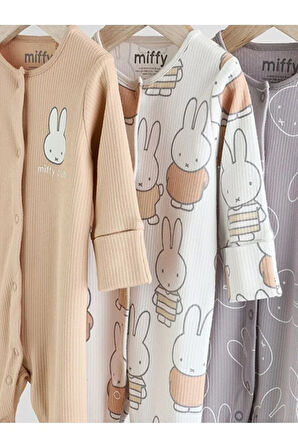 % 100 Pamuklu Premium Krem Tavşan Desenli 3'lü Tulum Set