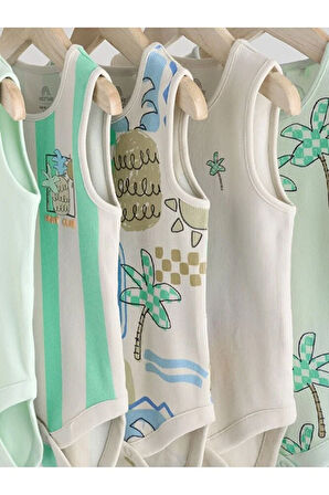 %100 Pamuklu Yeşil Çizgili Ananas Desenli 5'li Body Zıbın Set