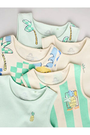 %100 Pamuklu Yeşil Çizgili Ananas Desenli 5'li Body Zıbın Set