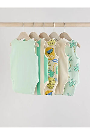 %100 Pamuklu Yeşil Çizgili Ananas Desenli 5'li Body Zıbın Set