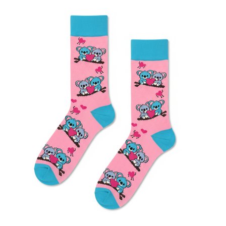 Aşık Koala Çifti Desenli Pembe Turkuaz Unisex Soket Çorap