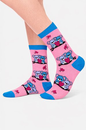 Aşık Koala Çifti Desenli Pembe Turkuaz Unisex Soket Çorap