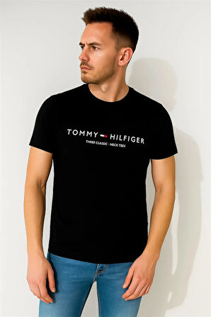 TOMMYHILFIGER EST BASKILI BİSİKLET YAKA PAMUK PENYE TSHİRT SİYAH