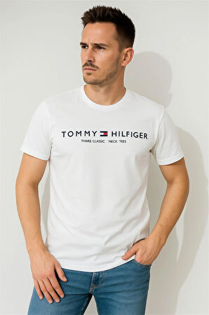 TOMMYHILFIGER EST BASKILI BİSİKLET YAKA PAMUK PENYE TSHİRT BEYAZ