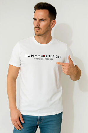 TOMMYHILFIGER EST BASKILI BİSİKLET YAKA PAMUK PENYE TSHİRT BEYAZ