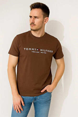 TOMMYHILFIGER EST BASKILI BİSİKLET YAKA PAMUK PENYE TSHİRT KAHVERENGİ