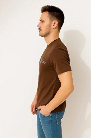TOMMYHILFIGER EST BASKILI BİSİKLET YAKA PAMUK PENYE TSHİRT KAHVERENGİ