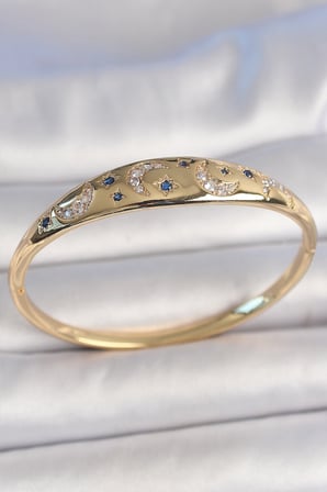 Pirinç Gold Renk Zirkon Taşlı Hilal İşleme Mavi Taşlı Yıldız Detay Kadın K