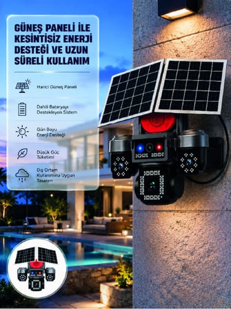 Güneş Enerjili 4 Lensli Dış Mekan Güvenlik Kamerası IP66 Su Geçirmez