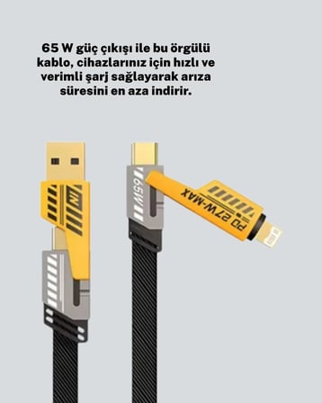 Hızlı Şarj Destekli 65W Örgülü USB-C ve USB-A Çoklu Şarj Kablosu